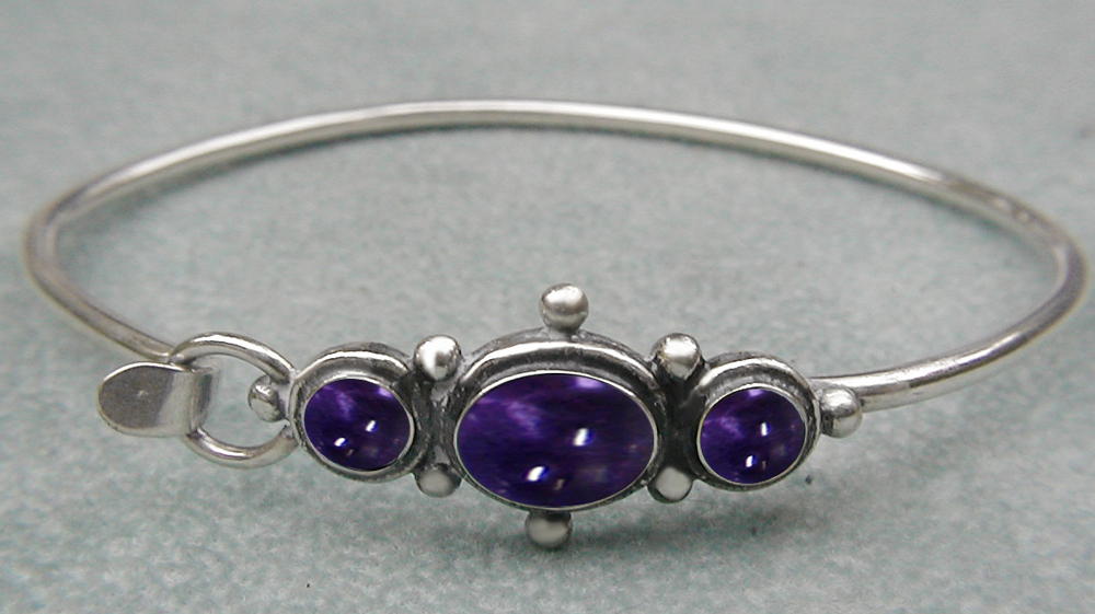 Sterling Silver Victorian Inspired Strap Latch Spring Hook Bangle Bracelet with Iolite